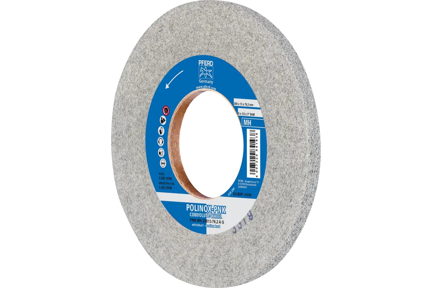 Picture of Pferd Polinox® Convolute Wheel, 8" X 1/2 X 3, Coarse, Medium-Hard, 8Am, Aluminum Oxide